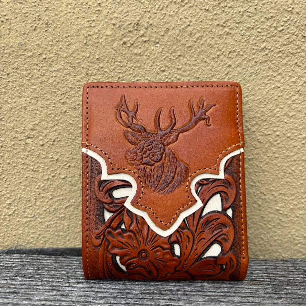 Embossed Buck Design in Light Brown Leather with Cream Inlay Bifold Wallet
